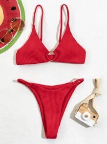 SHEIN Swim 紋理質感比基尼套裝環鏈文胸和丁字褲下裝2入組泳衣 - 紅色 - 查看 2