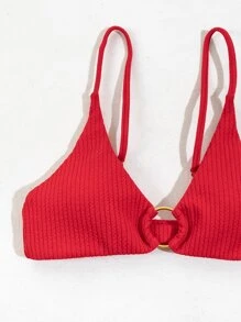 SHEIN Swim 紋理質感比基尼套裝環鏈文胸和丁字褲下裝2入組泳衣 - 紅色 - 查看 4