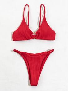 SHEIN Swim 紋理質感比基尼套裝環鏈文胸和丁字褲下裝2入組泳衣 - 紅色 - 查看 6