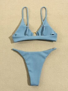 Rib Ring Linked Thong Bikini Set Summer Beach - Dusty Blue - View 2