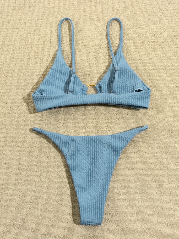 Rib Ring Linked Thong Bikini Set Summer Beach - Dusty Blue - View 2
