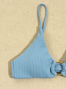 Rib Ring Linked Thong Bikini Set Summer Beach - Dusty Blue - View 4