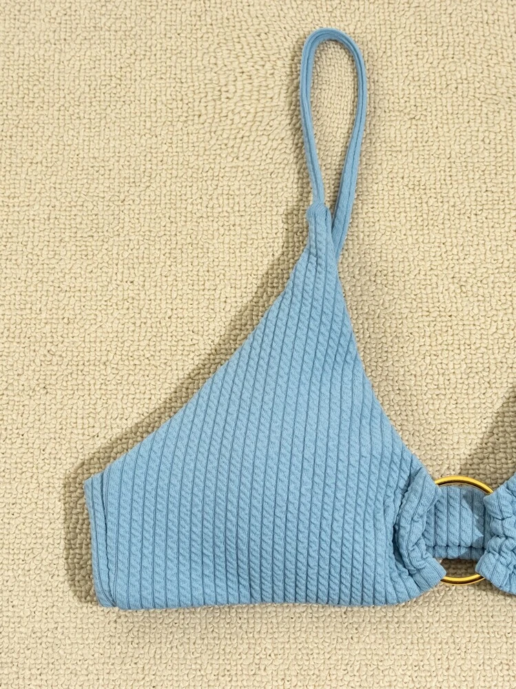 Rib Ring Linked Thong Bikini Set Summer Beach - Dusty Blue - View 4
