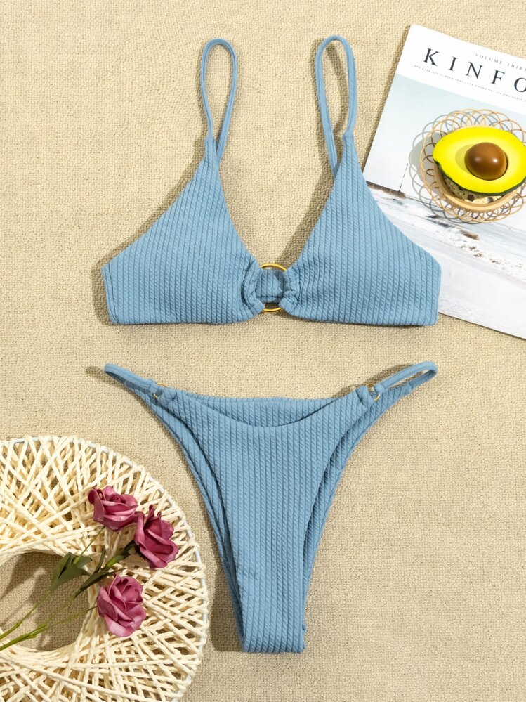 Rib Ring Linked Thong Bikini Set Summer Beach - Dusty Blue - View 6