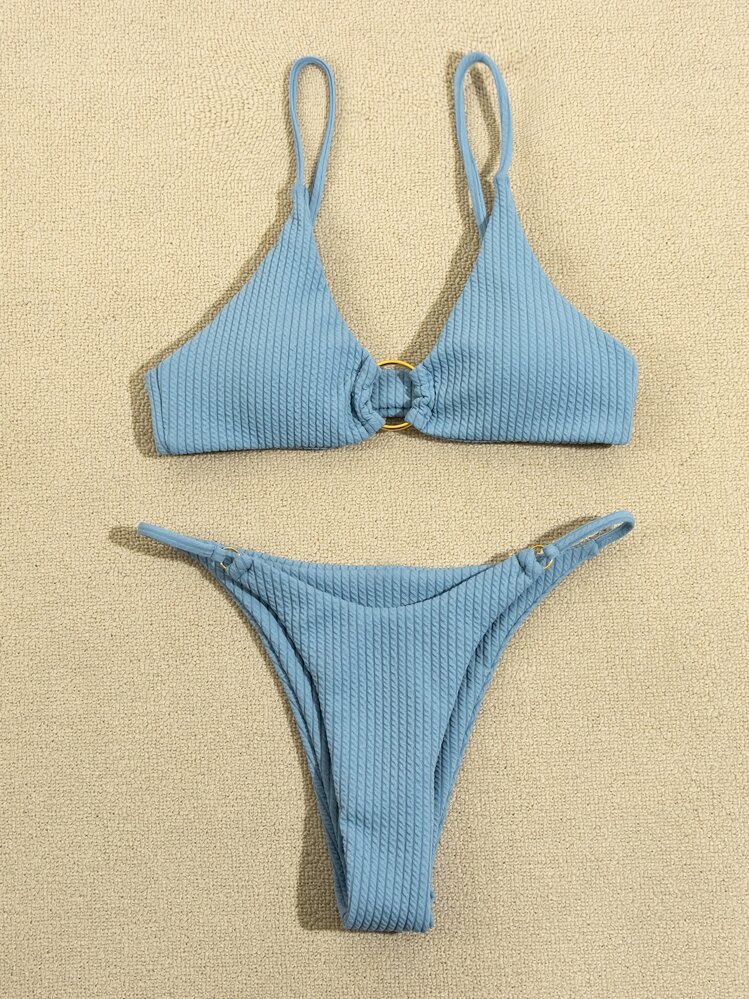 Rib Ring Linked Thong Bikini Set Summer Beach - Dusty Blue - View 7