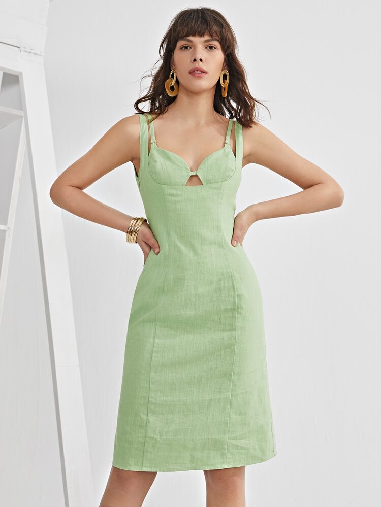 SHEIN Linen-Bustier Split Dress - Lime Green - View 8