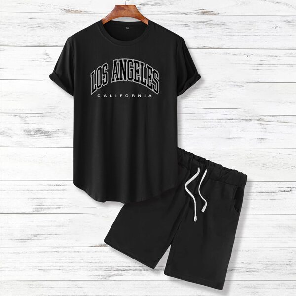 

Men Letter Graphic Tee & Drawstring Track Shorts, Black