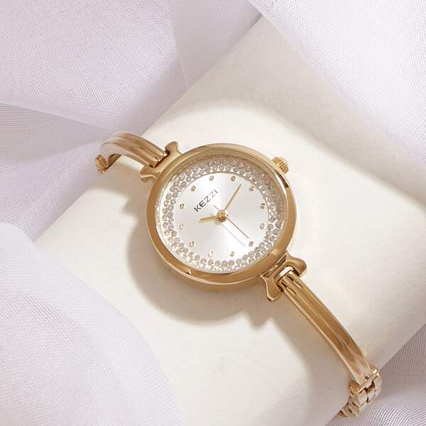 

Rhinestone Decor Round Pointer Watch