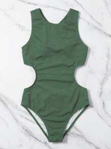 Rib Cut-Out One Piece Swimsuit, For Summer Beach Vacation - Cadet Blue - View 3