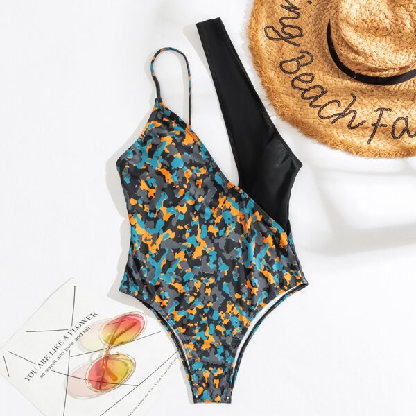 

Camo Cut Out One Piece Swimsuit, Multicolor
