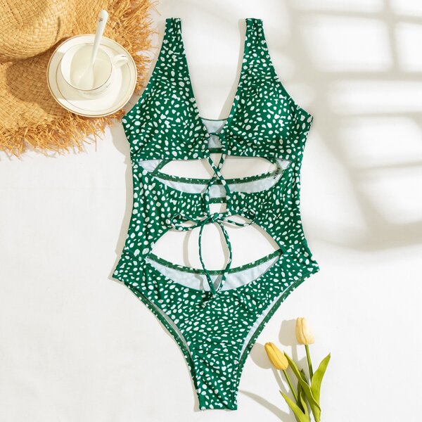 

Dalmatian Print Lace-up Front One Piece Swimsuit, Multicolor
