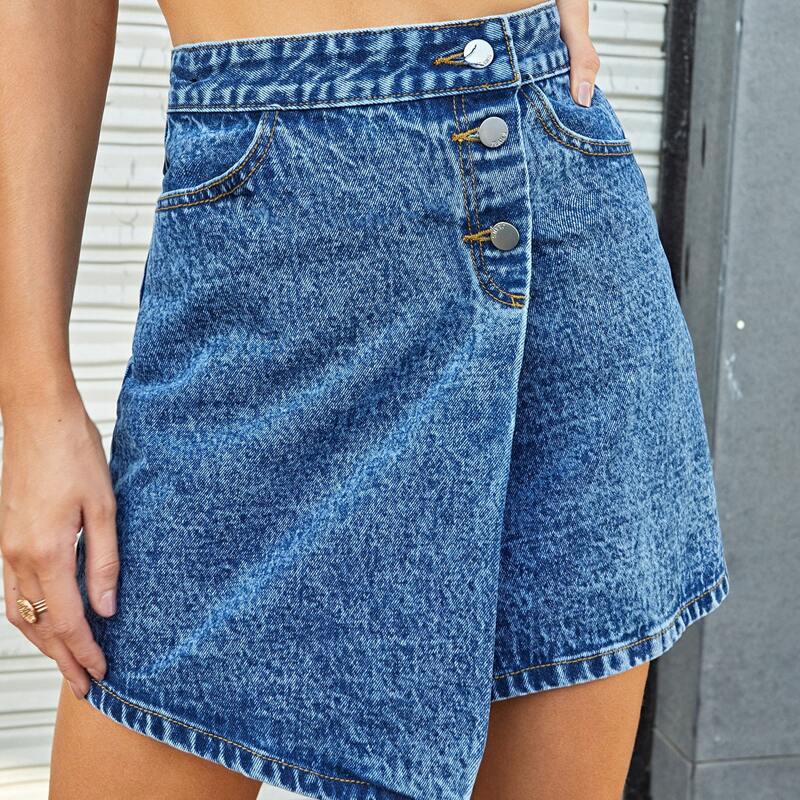 

Asymmetrical Hem Denim Skirt, Medium wash