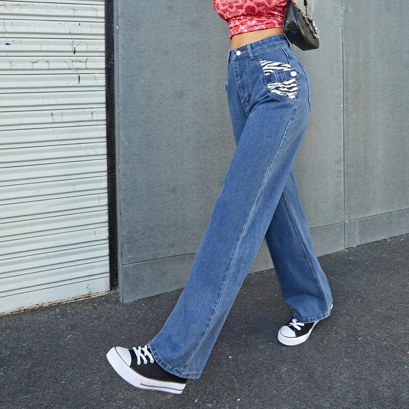 

High Waist Zebra Striped Jeans, Medium wash