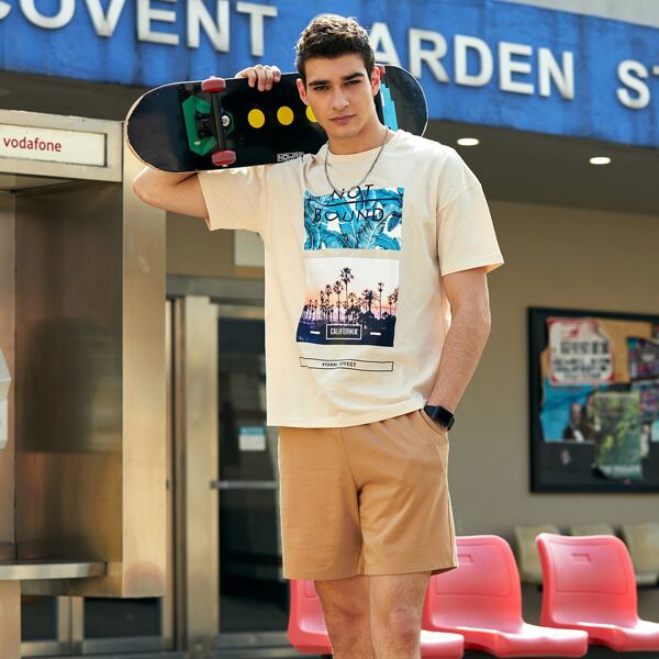 

Men Tropical Print Tee & Pocket Side Track Shorts Set, Multicolor
