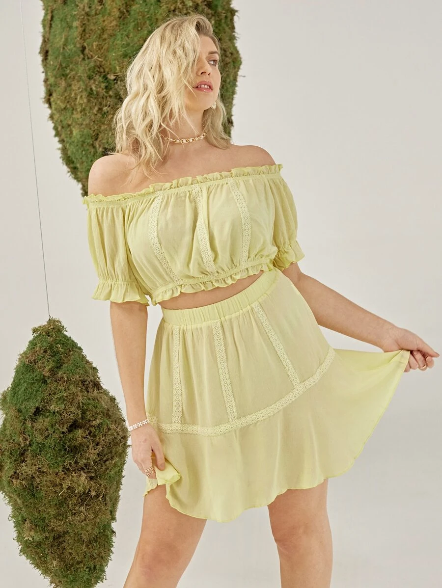 SHEIN VCAY Plus Off Shoulder Frill Trim Lace Detail Top & Skirt Set - Yellow - View 1