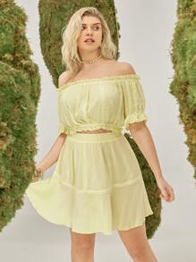 SHEIN VCAY Plus Off Shoulder Frill Trim Lace Detail Top & Skirt Set - Yellow - View 3