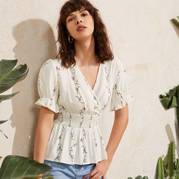 

Floral Surplice Front Shirred Waist Peplum Blouse, White