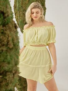 SHEIN VCAY Plus Off Shoulder Frill Trim Lace Detail Top & Skirt Set - Yellow - View 6