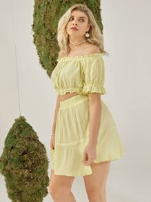 SHEIN VCAY Plus Off Shoulder Frill Trim Lace Detail Top & Skirt Set - Yellow - View 8