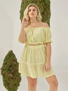 SHEIN VCAY Plus Off Shoulder Frill Trim Lace Detail Top & Skirt Set - Yellow - View 9