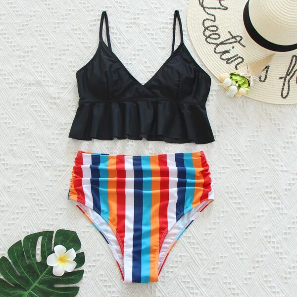 

Striped Ruffle Hem Bikini Swimsuit, Multicolor