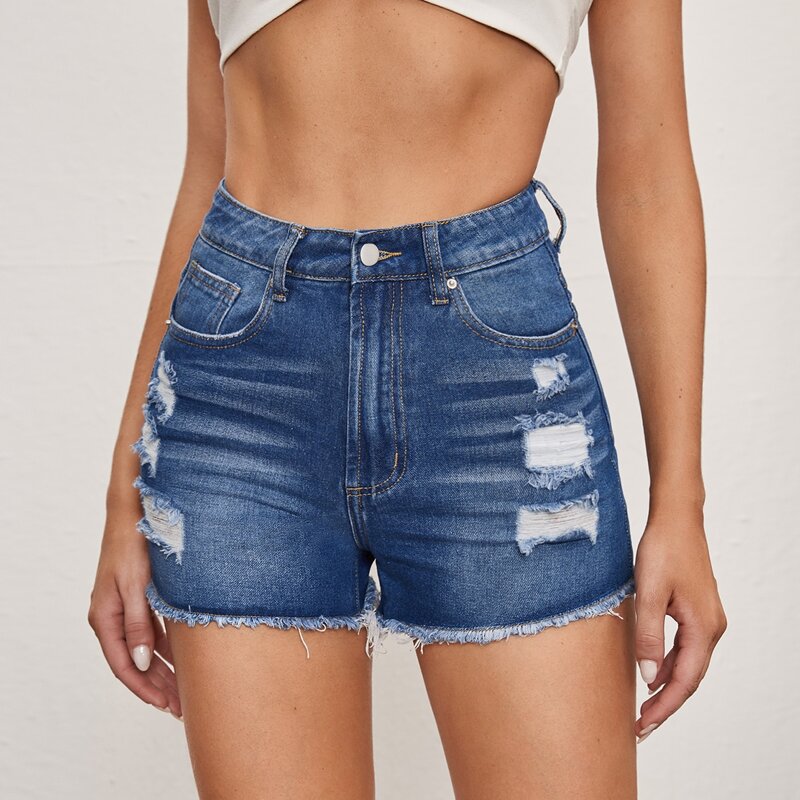 

Raw Hem Ripped Denim Shorts, Dark wash