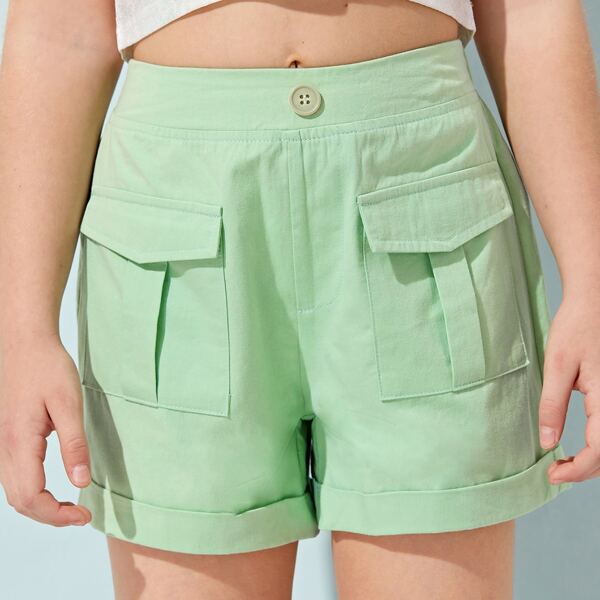 

Girls Buttoned Detail Flap Pocket Front Cuffed Shorts, Mint green
