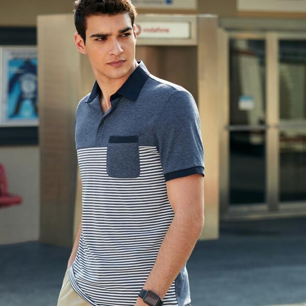 

Men Pocket Front Striped Polo Shirt, Blue and white