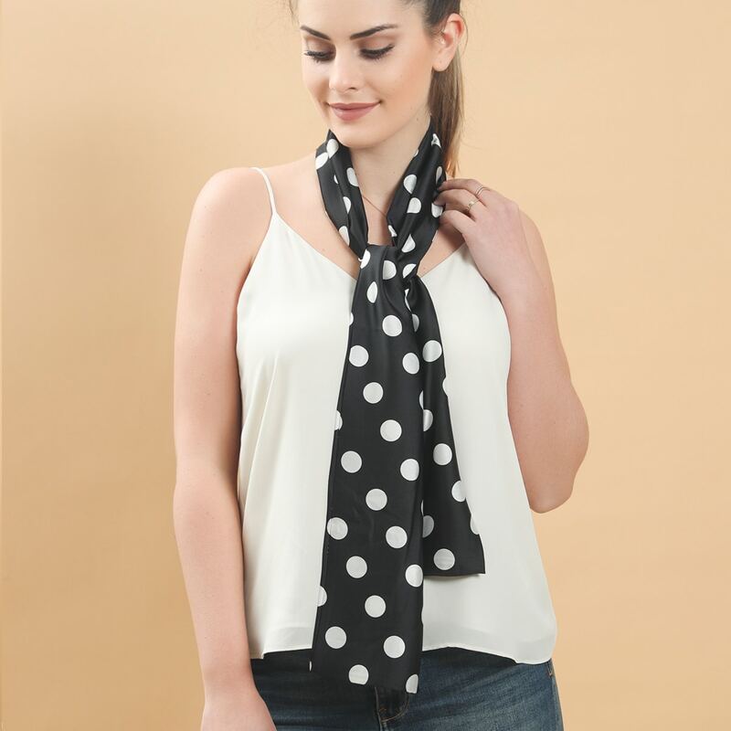 

Polka Dot Print Skinny Scarf, Black