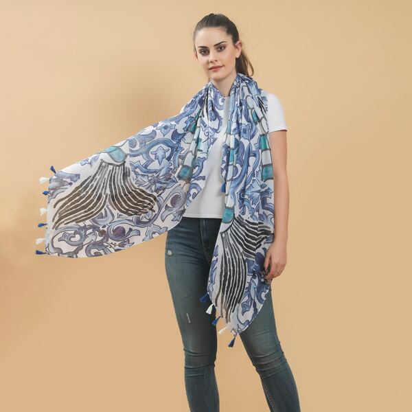 

Flower Pattern Tassel Hem Scarf, Multicolor