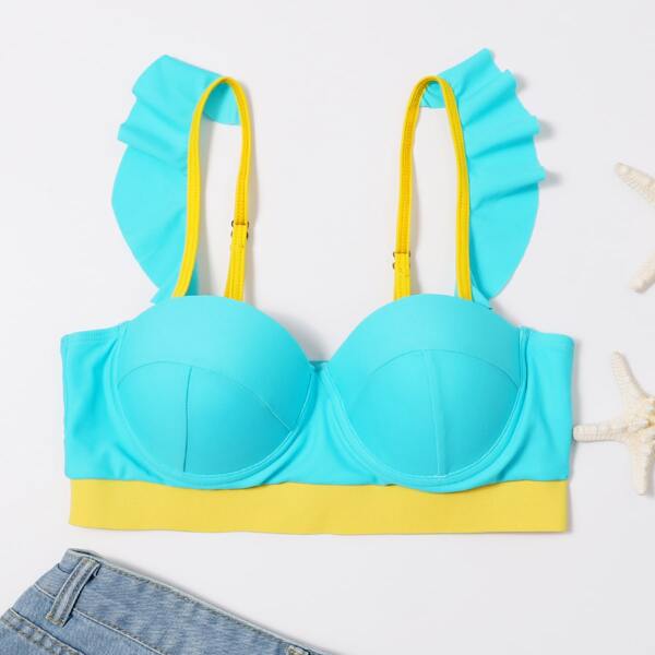 

Ruffle Trim Underwire Bikini Top, Mint blue
