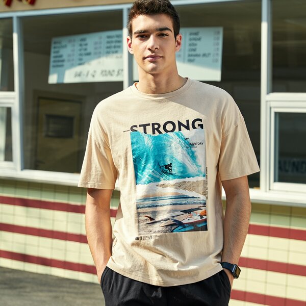 

Men Letter and Tropical Print Top, Beige
