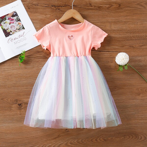 

Toddler Girls Ombre Print Heart Cut Contrast Mesh Dress, Multicolor