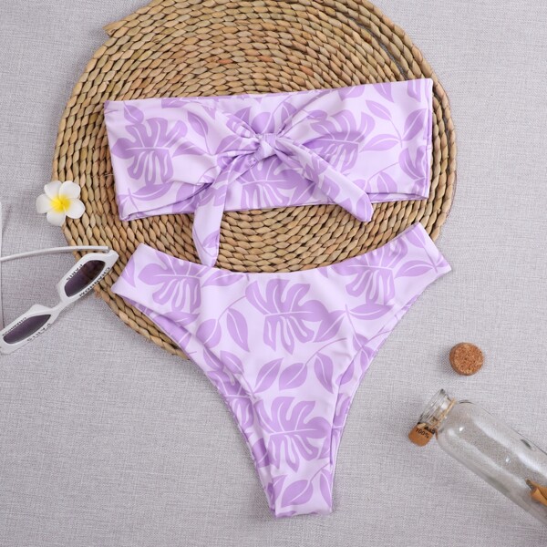 

Leaf Print Knot Front Bandeau Bikini Swimsuit, Mauve purple