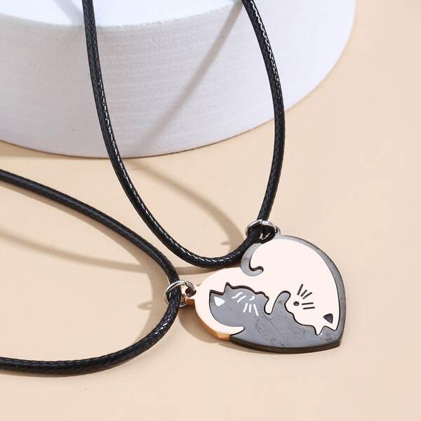 

2pcs Girls Heart Charm Necklace, Black