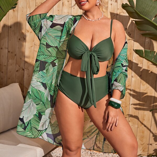 

3pack Plus Push Up Bikini Swimsuit & Tropical Kimono, Army green