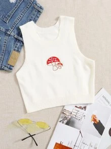 Mushroom Embroidery Crop Knit Top - White - View 1