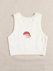 Mushroom Embroidery Crop Knit Top - White - View 3