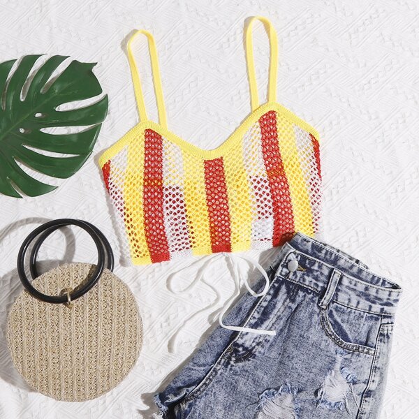 

Tie Back Stripe Open Knit Top, Multicolor