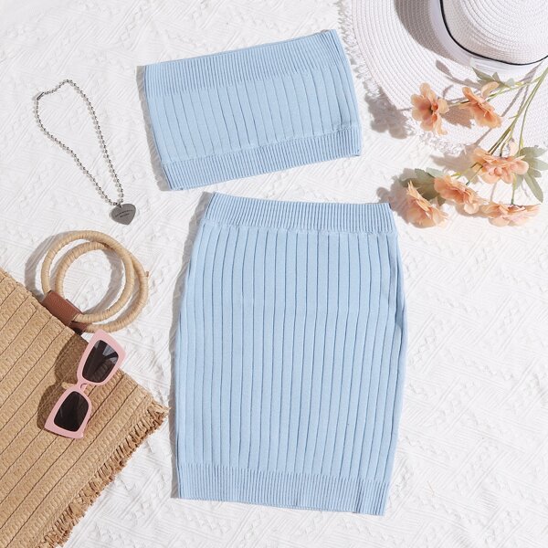

Ribbed Knit Tube Top & Skirt, Baby blue