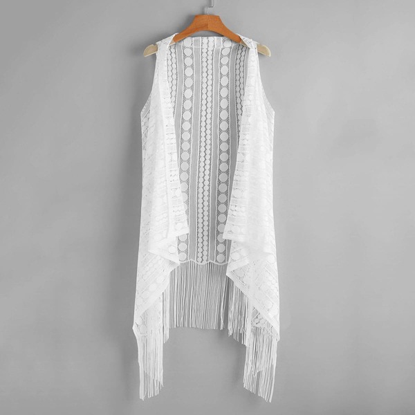 

Fringe Hem Lace Kimono, White