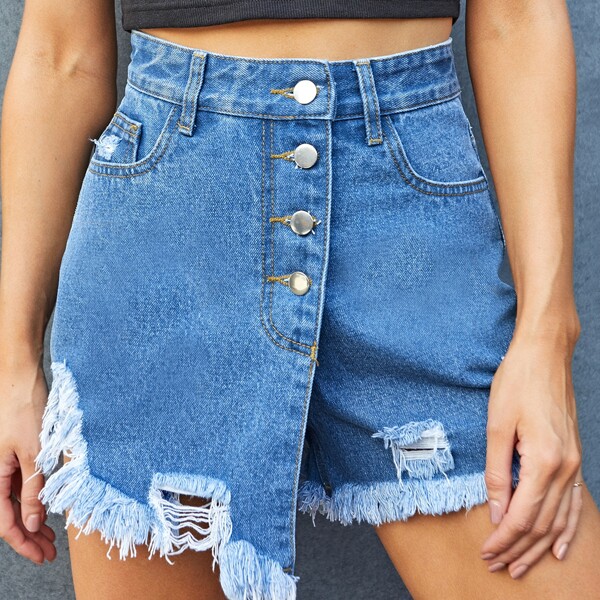 

Ripped Raw Hem Denim Shorts, Medium wash