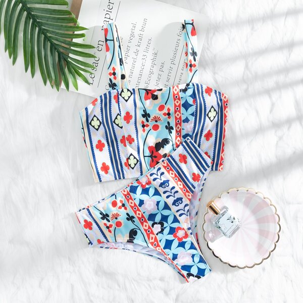 

Floral Print High Waisted Bikini Swimsuit, Multicolor