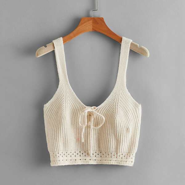 

Open Knit Tie Front Crop Top, Apricot