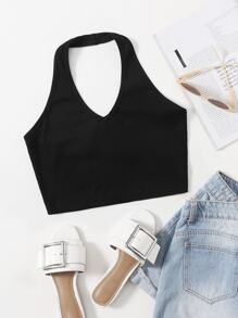 Muchica Rib-Knit Crop Halter Top - Black - View 1