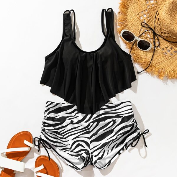 

Zebra Stripe Hanky Hem Shorts Bikini Swimsuit, Black and white