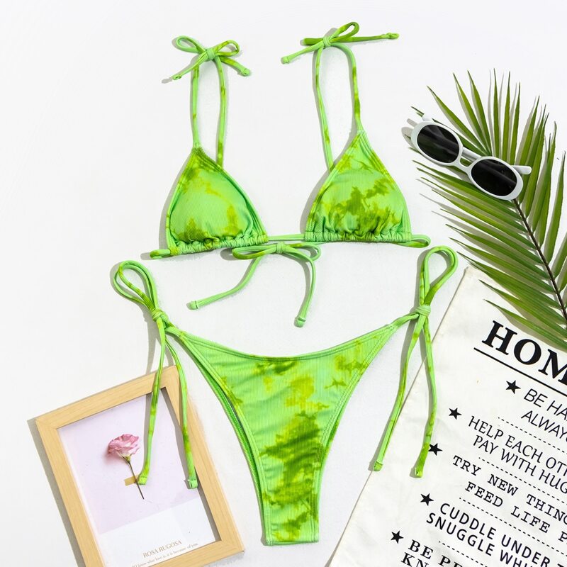 

Tie Dye Tie Shoulder Bikini Swimsuit, Green