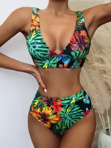 Tropical High Waisted Bikini Set - Multicolor - View 1