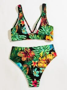 Tropical High Waisted Bikini Set - Multicolor - View 2