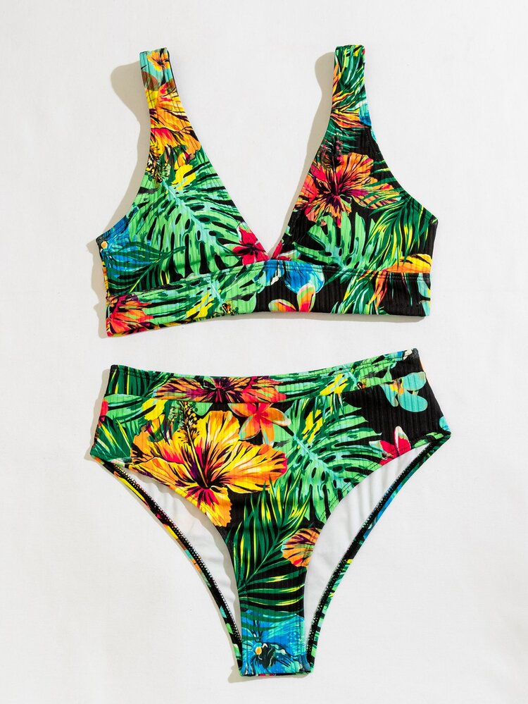 Tropical High Waisted Bikini Set - Multicolor - View 4